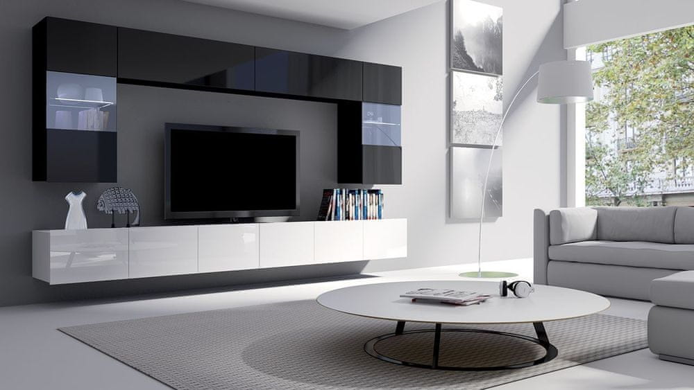 Veneti Obývacia stena s LED modrým osvetlením CHEMUNG 1 - lesklá biela / lesklá čierna